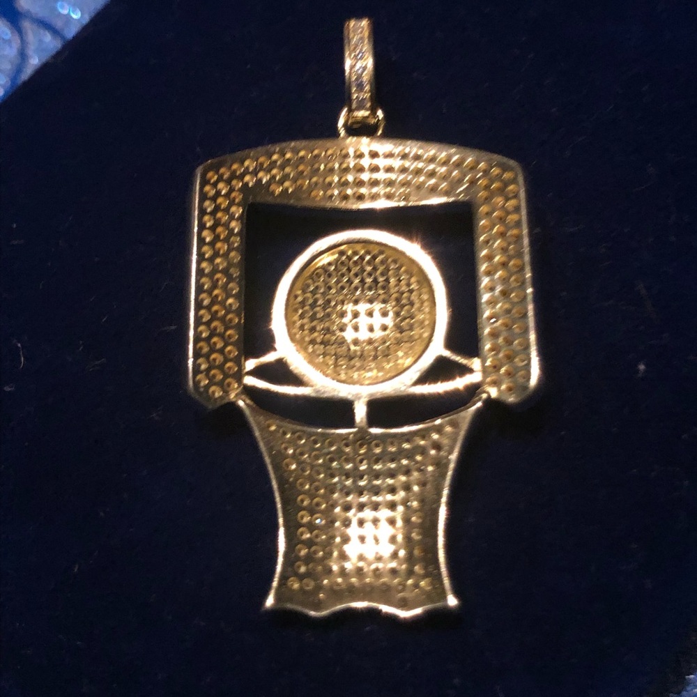 Unisex 925 Sterling Silver Topaz Encrusted Gold Plated Basketball Goal Pendant - Picture 7 of 9